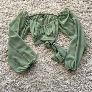 Windsor Green Puff Sleeve Crop Shirt